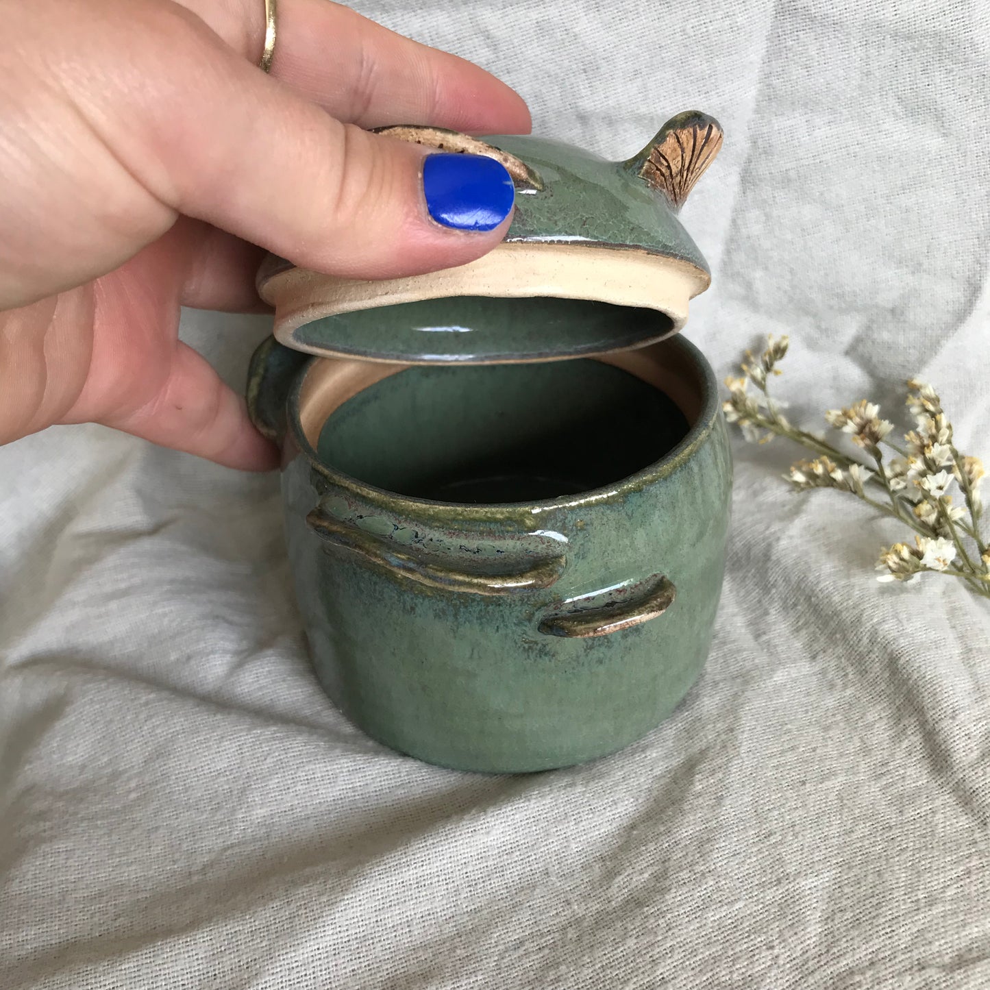 Mushies lidded trinket jar in Teal (second, slight scuff)