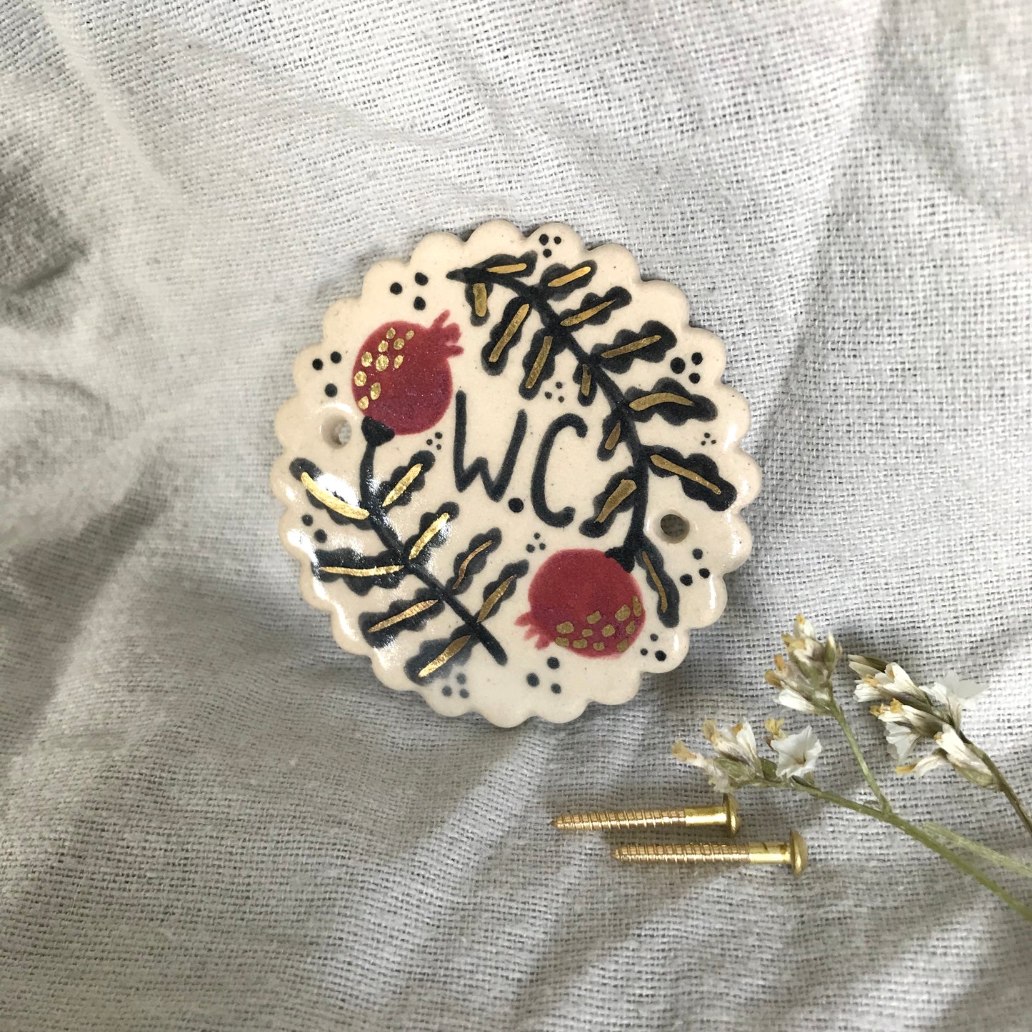 'WC' Bathroom Plaque With Pomegranate and Gold