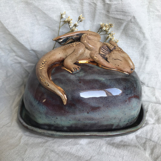 Sleepy Dragon Butter Dish in Midnight with 24k Gold