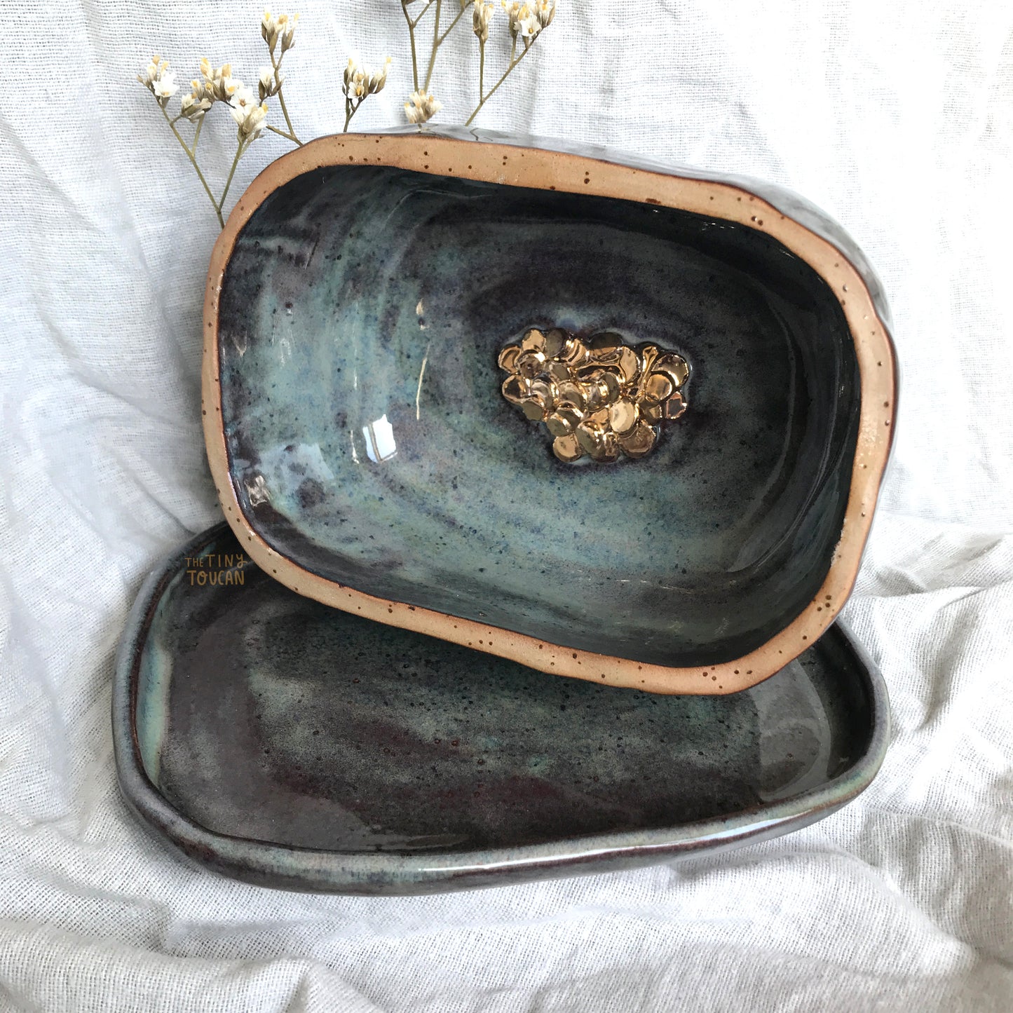 Sleepy Dragon Butter Dish in Midnight with 24k Gold
