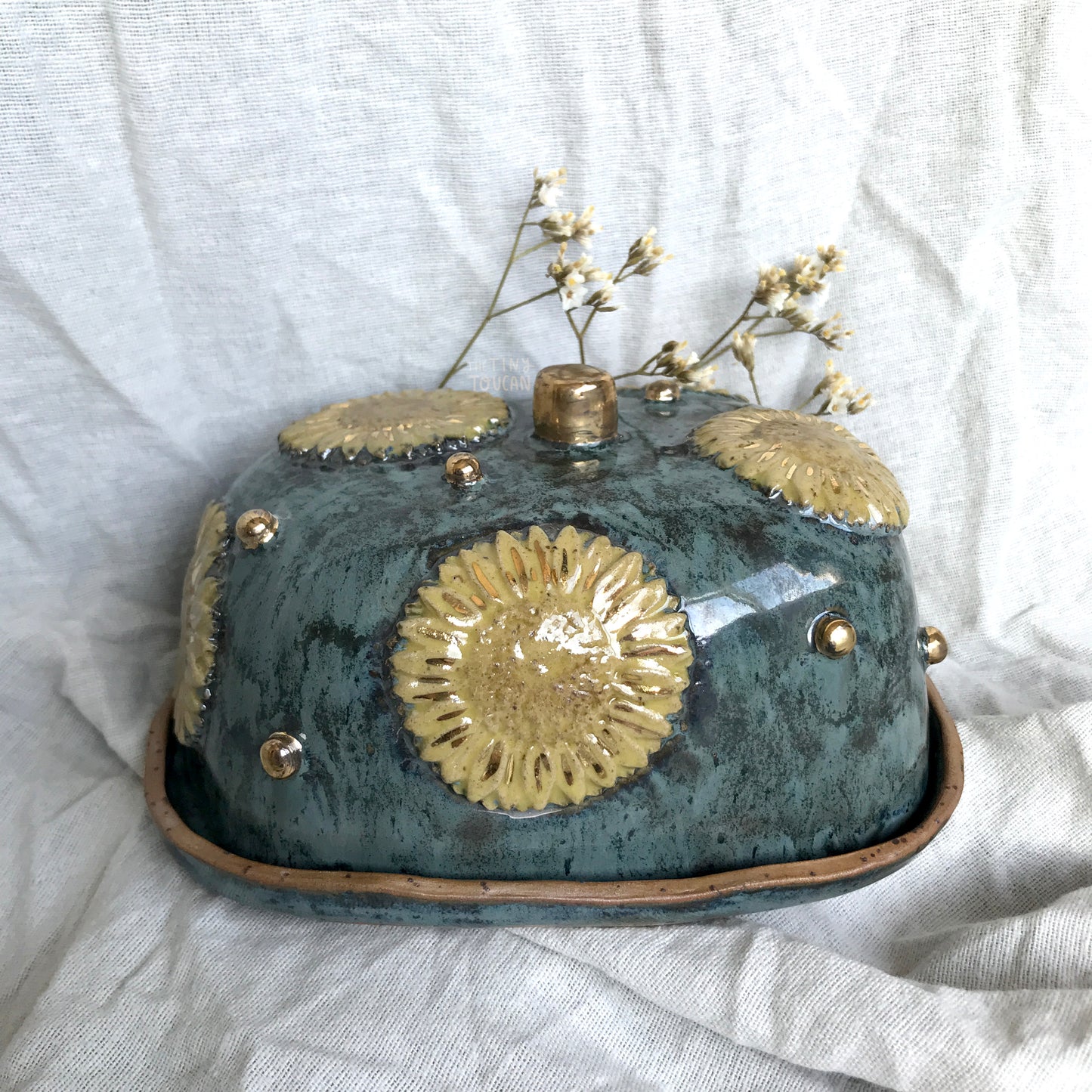 Sunflower Butter Dish in Smoky Teal with 24k Gold
