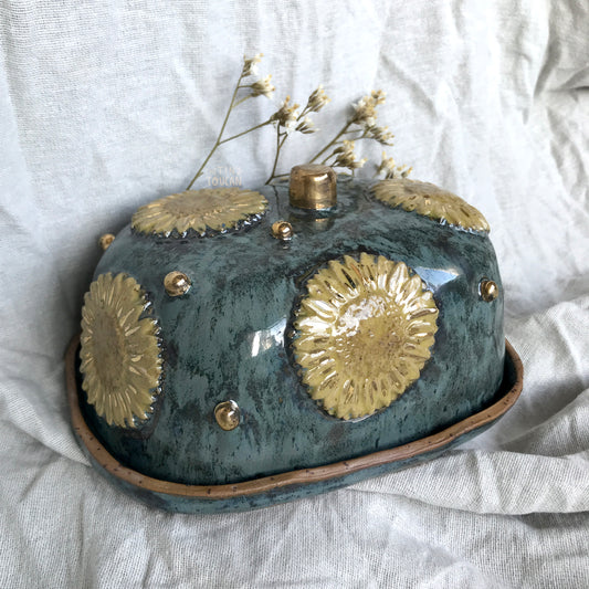 Sunflower Butter Dish in Smoky Teal with 24k Gold