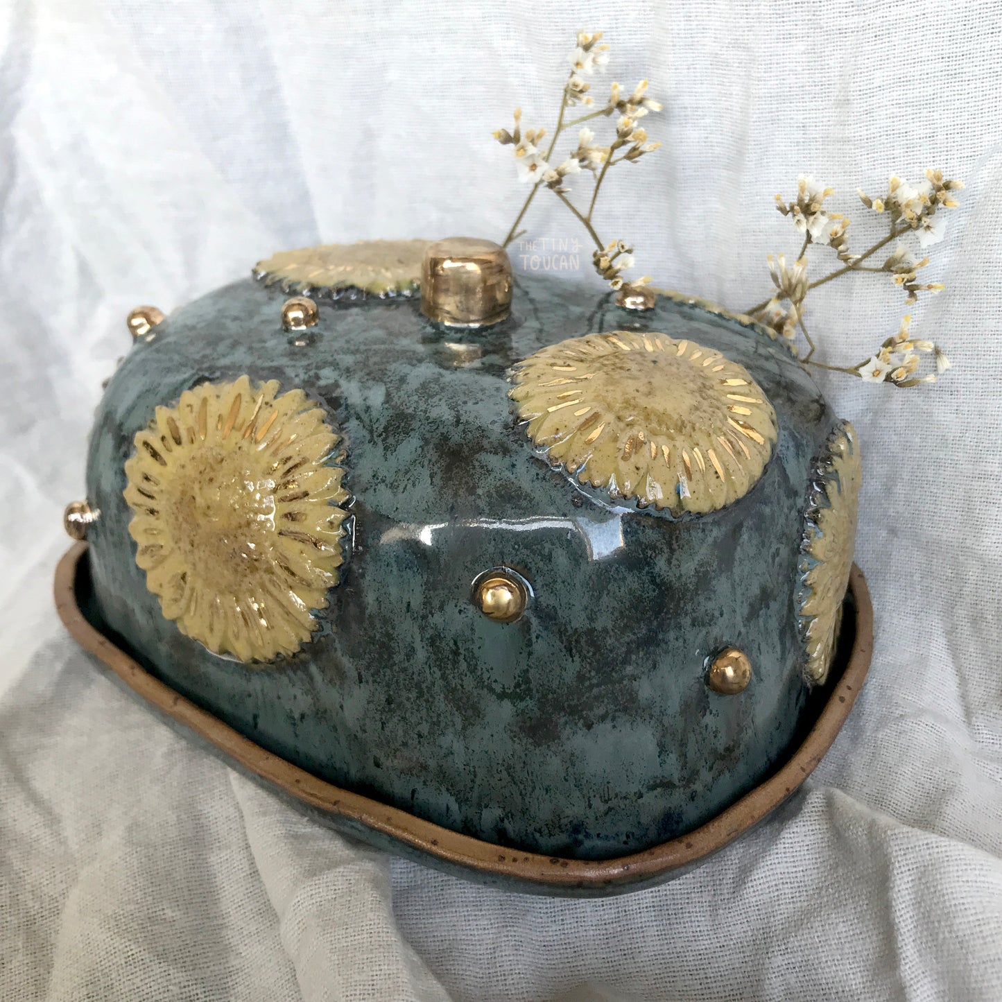Sunflower Butter Dish in Smoky Teal with 24k Gold