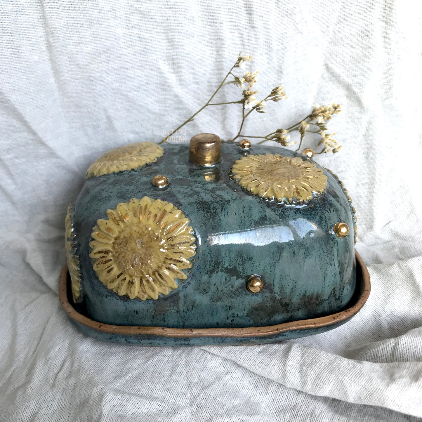 Sunflower Butter Dish in Smoky Teal with 24k Gold