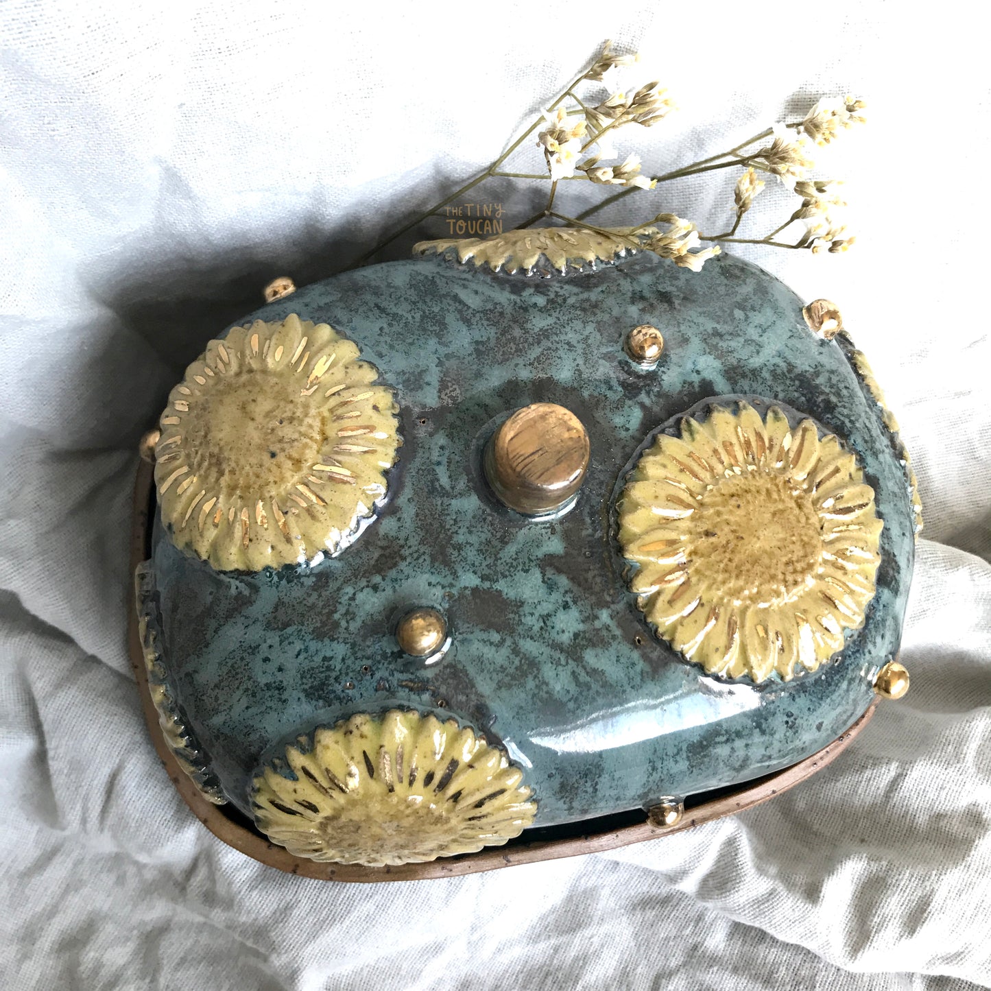 Sunflower Butter Dish in Smoky Teal with 24k Gold