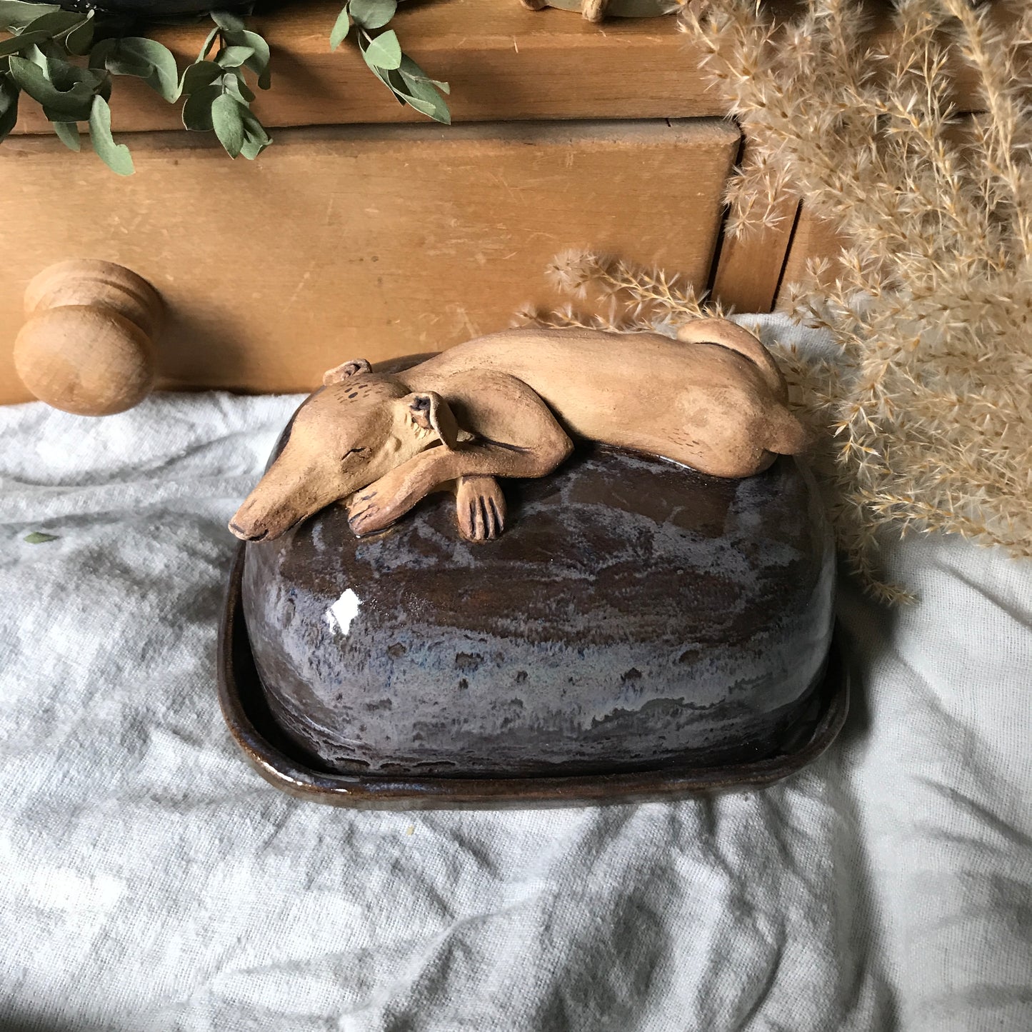 Sleeping Long Dog Butter Dish