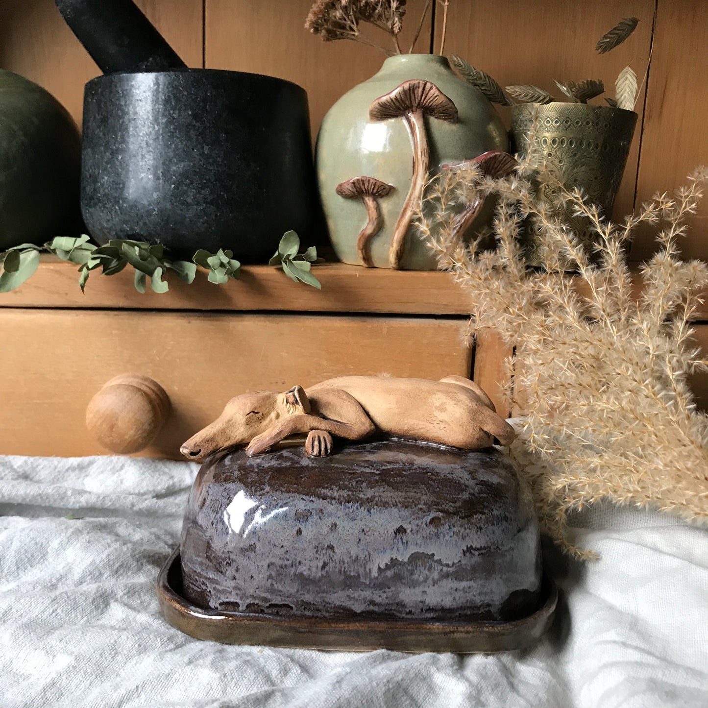 Sleeping Long Dog Butter Dish