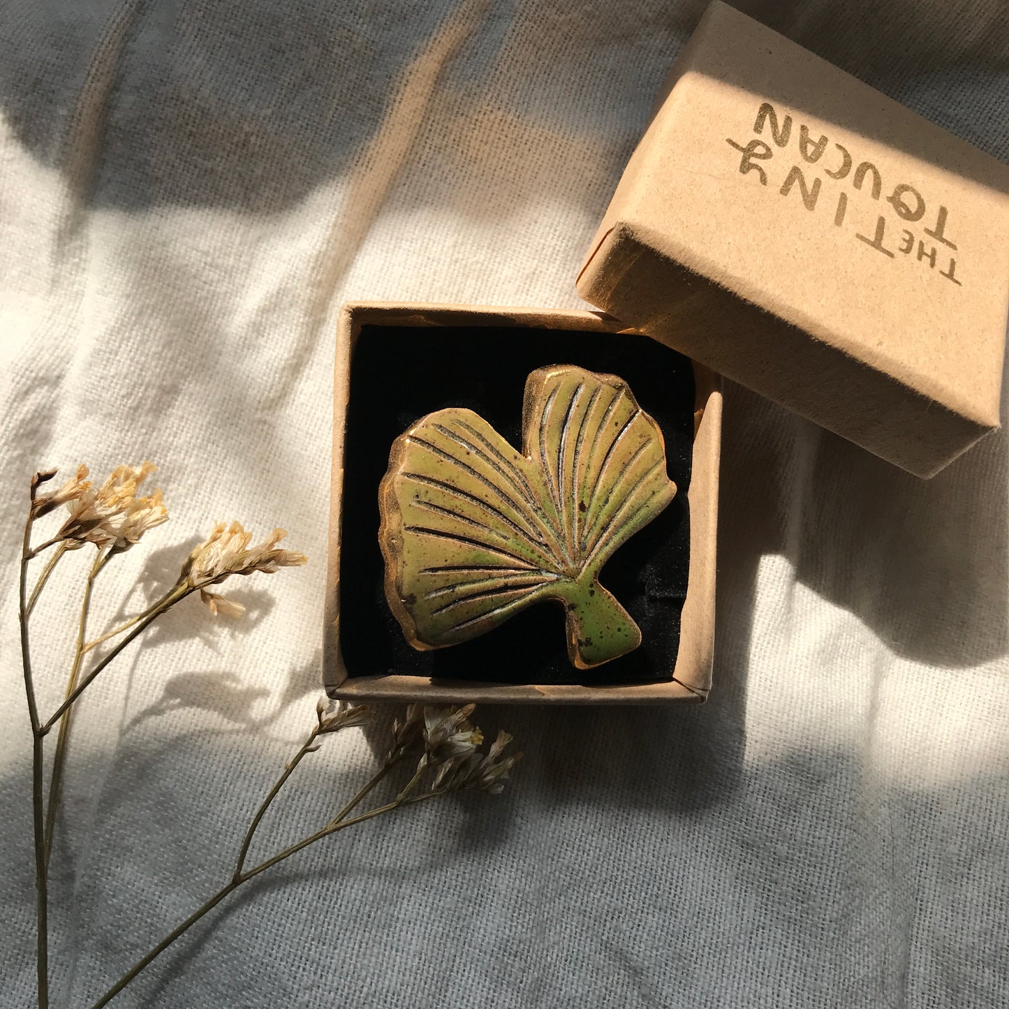 Ceramic Ginko Leaf Pin with 24 Karat Gold