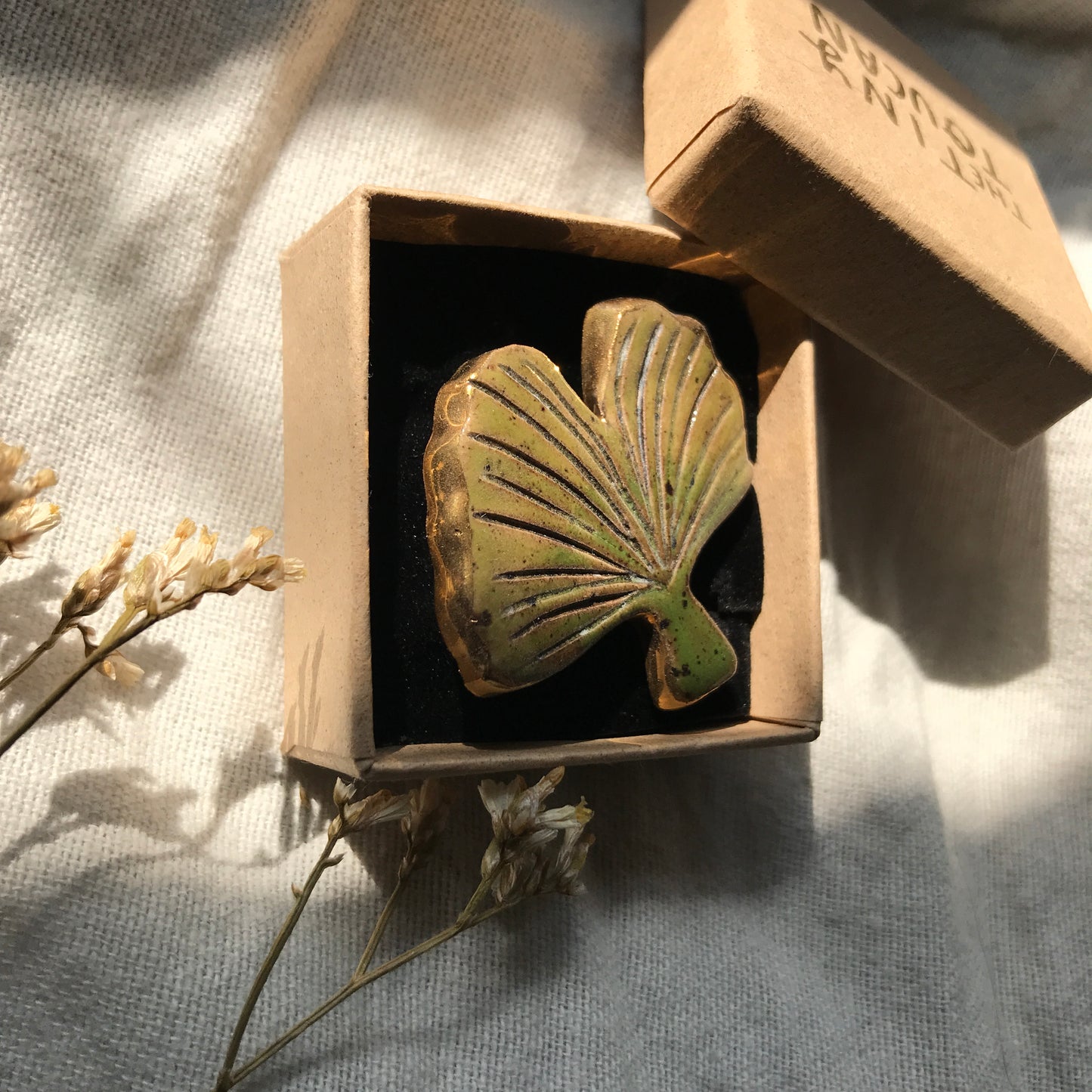 Ceramic Ginko Leaf Pin with 24 Karat Gold