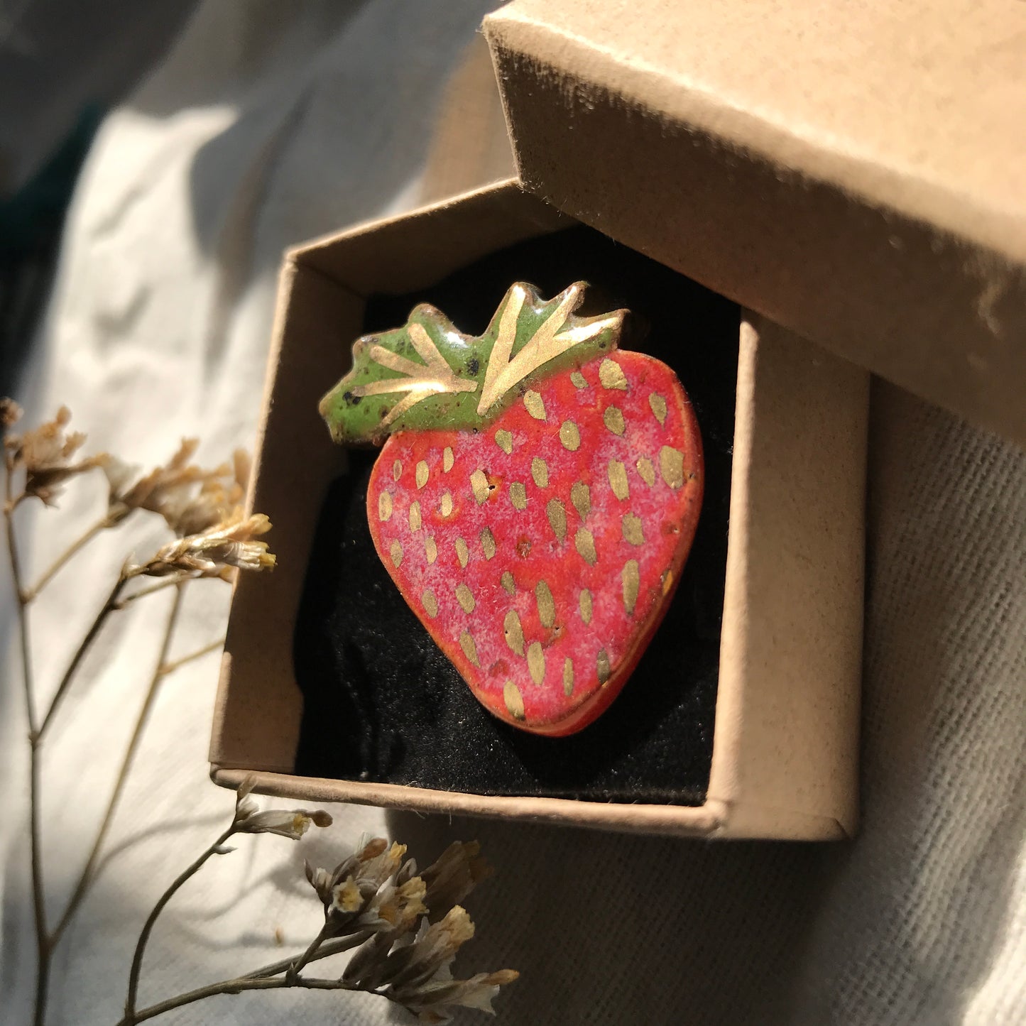 Ceramic Strawberry Pin with 24 Karat Gold