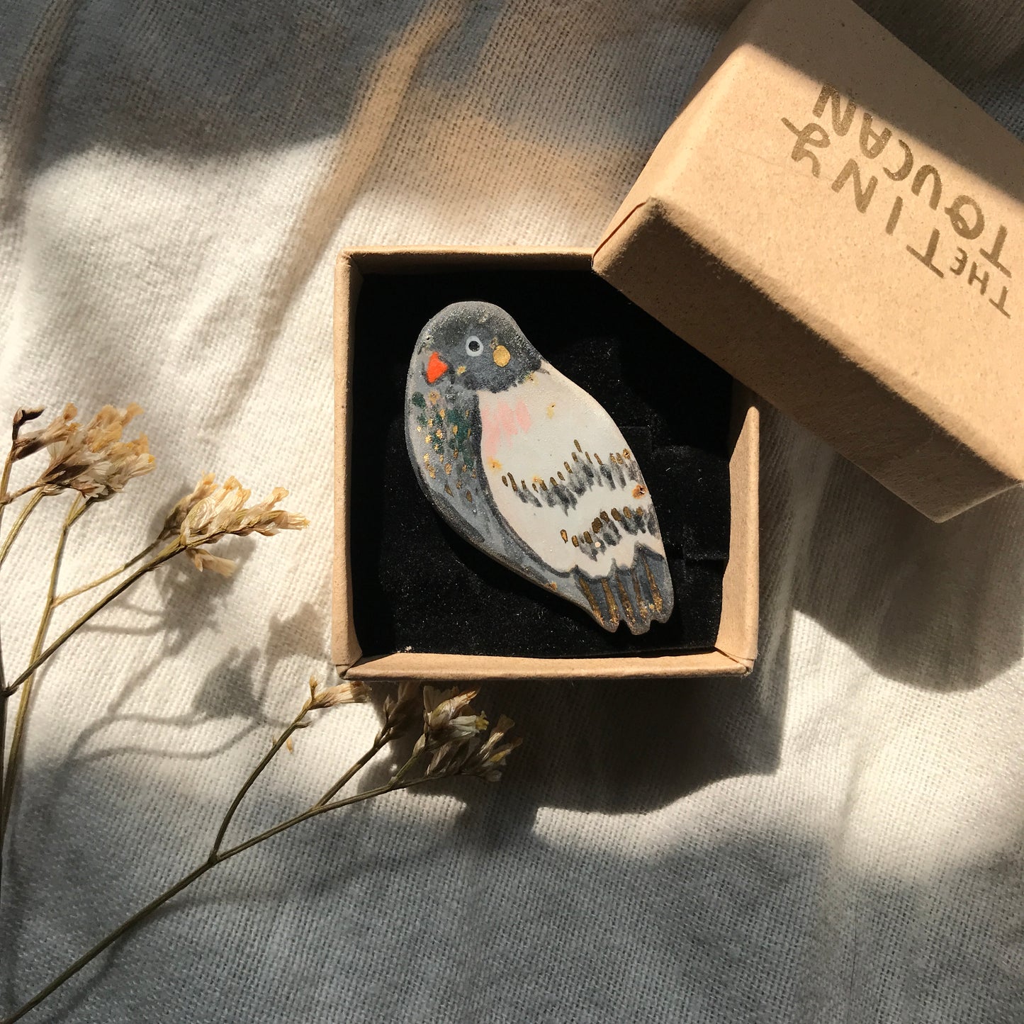 Ceramic Pigeon Pin with 24 Karat Gold