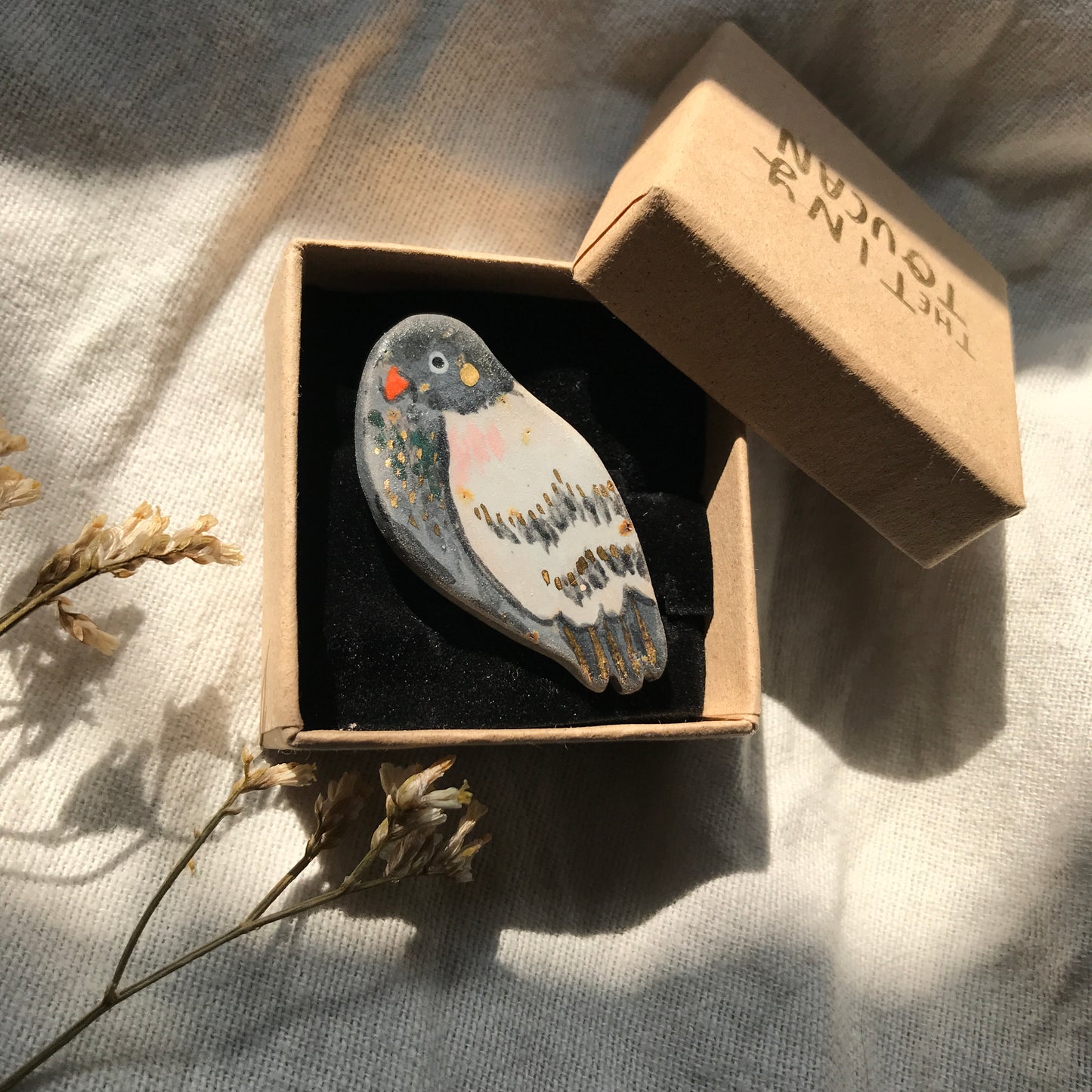 Ceramic Pigeon Pin with 24 Karat Gold