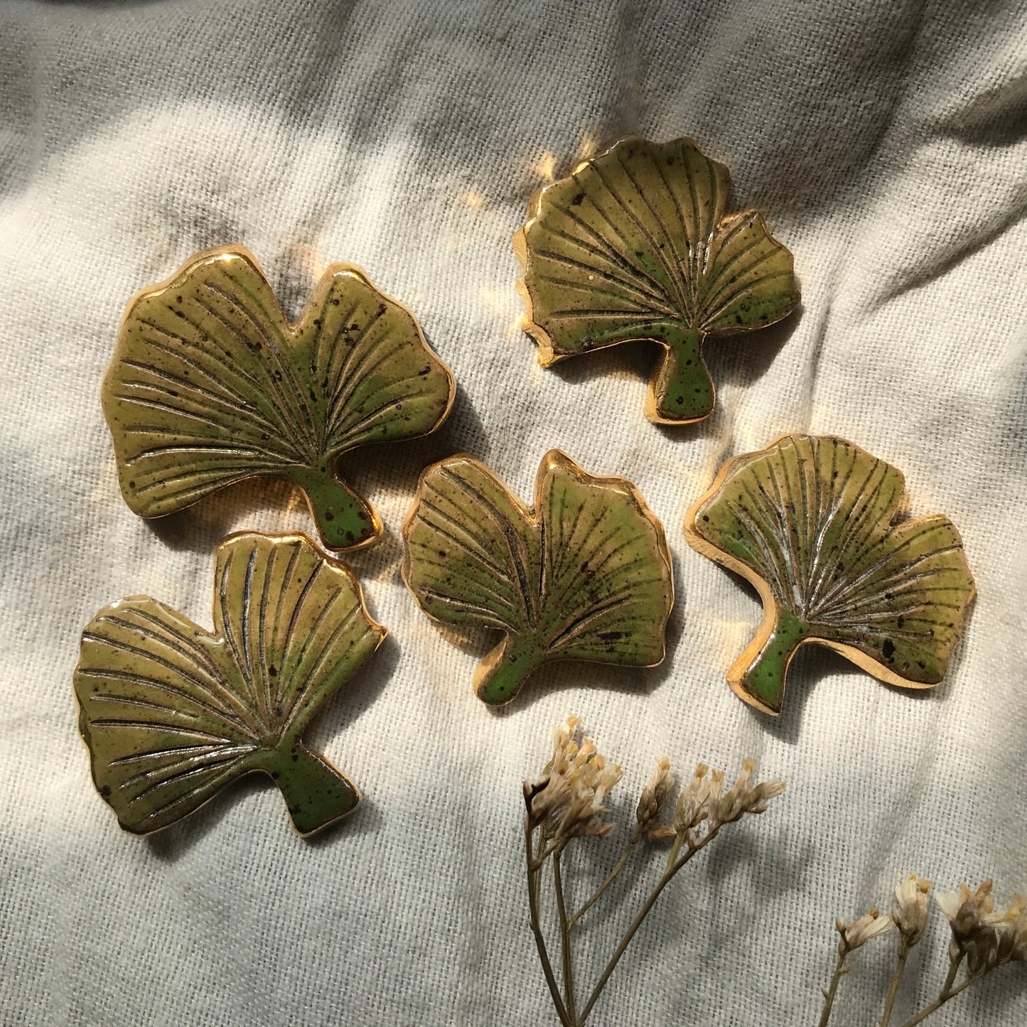 Ceramic Ginko Leaf Pin with 24 Karat Gold