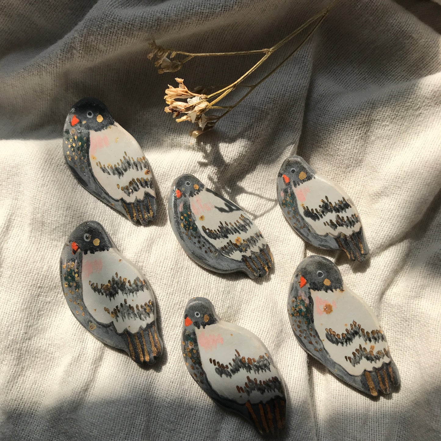 Ceramic Pigeon Pin with 24 Karat Gold