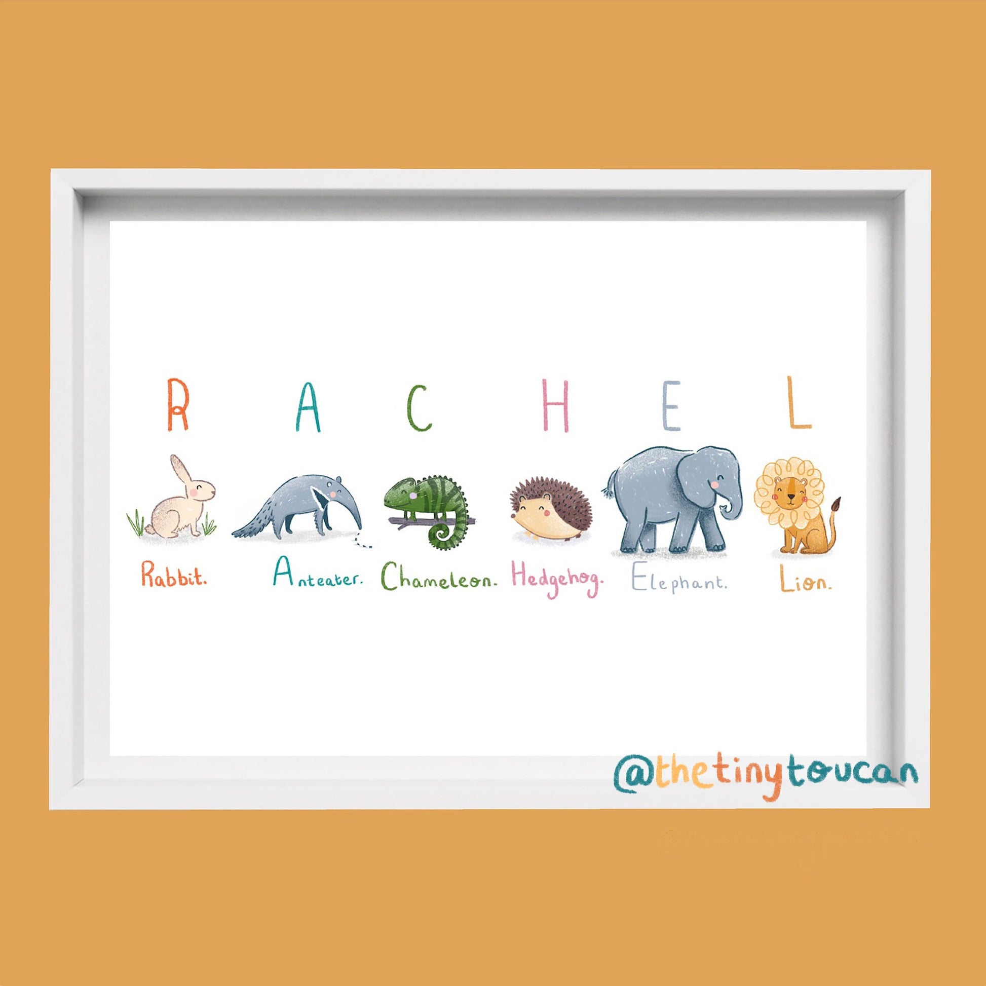 CHILDRENS NAME PRINT A4/A3- Animal Name Art- Nursery Name Art- Name Illustration-  Kids Custom Name Print