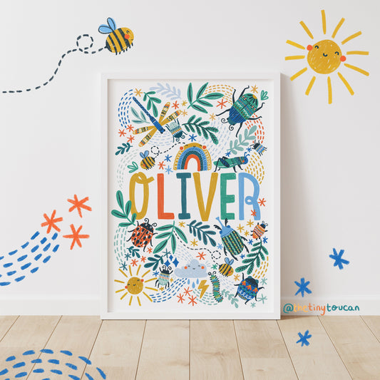 BUGS NAME A4-A3 PRINT- Beetle Name Art- Nursery Wall Art- Cool Name Art- Kids Bedroom Name Art