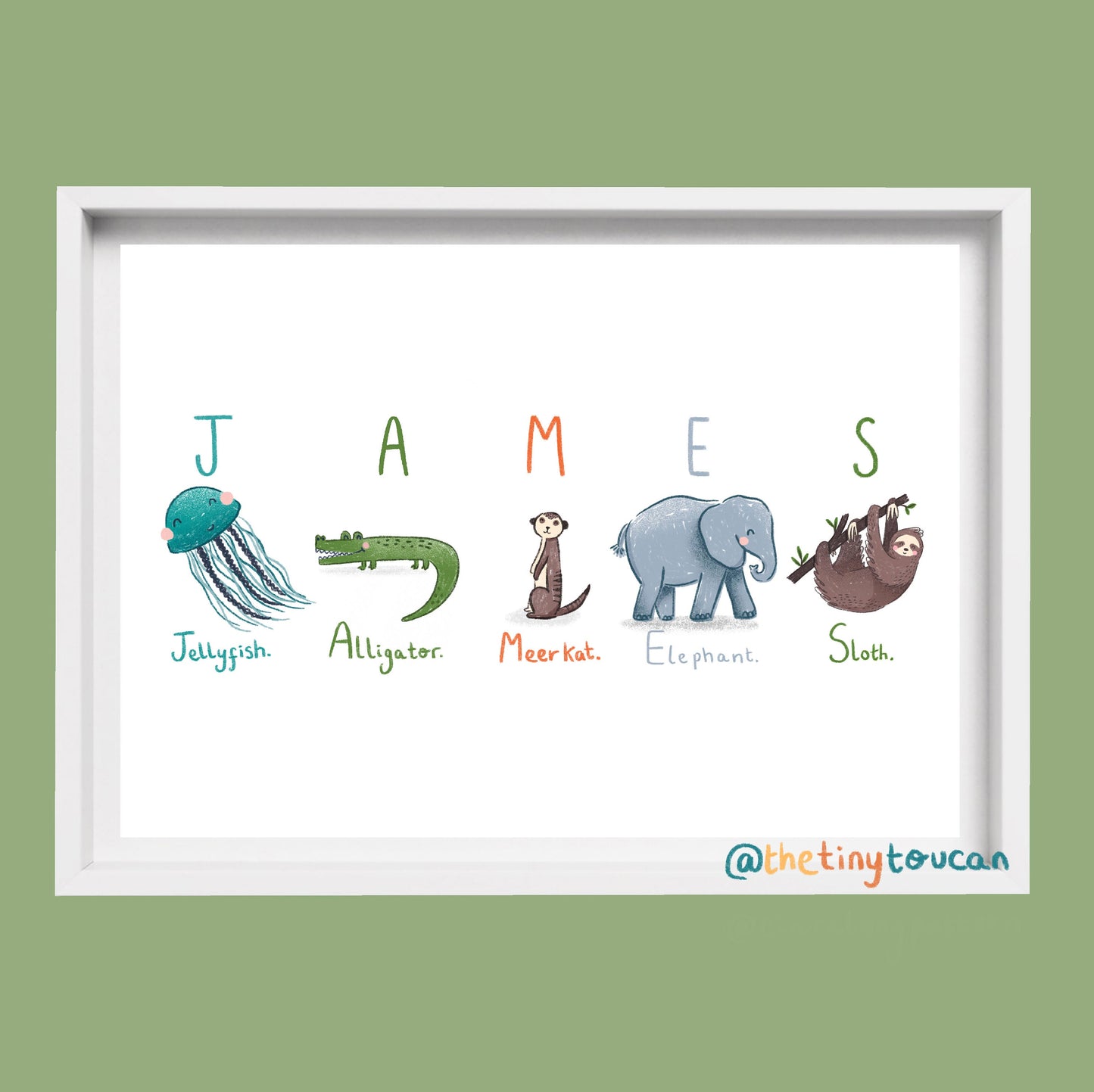 CHILDRENS NAME PRINT A4/A3- Animal Name Art- Nursery Name Art- Name Illustration-  Kids Custom Name Print