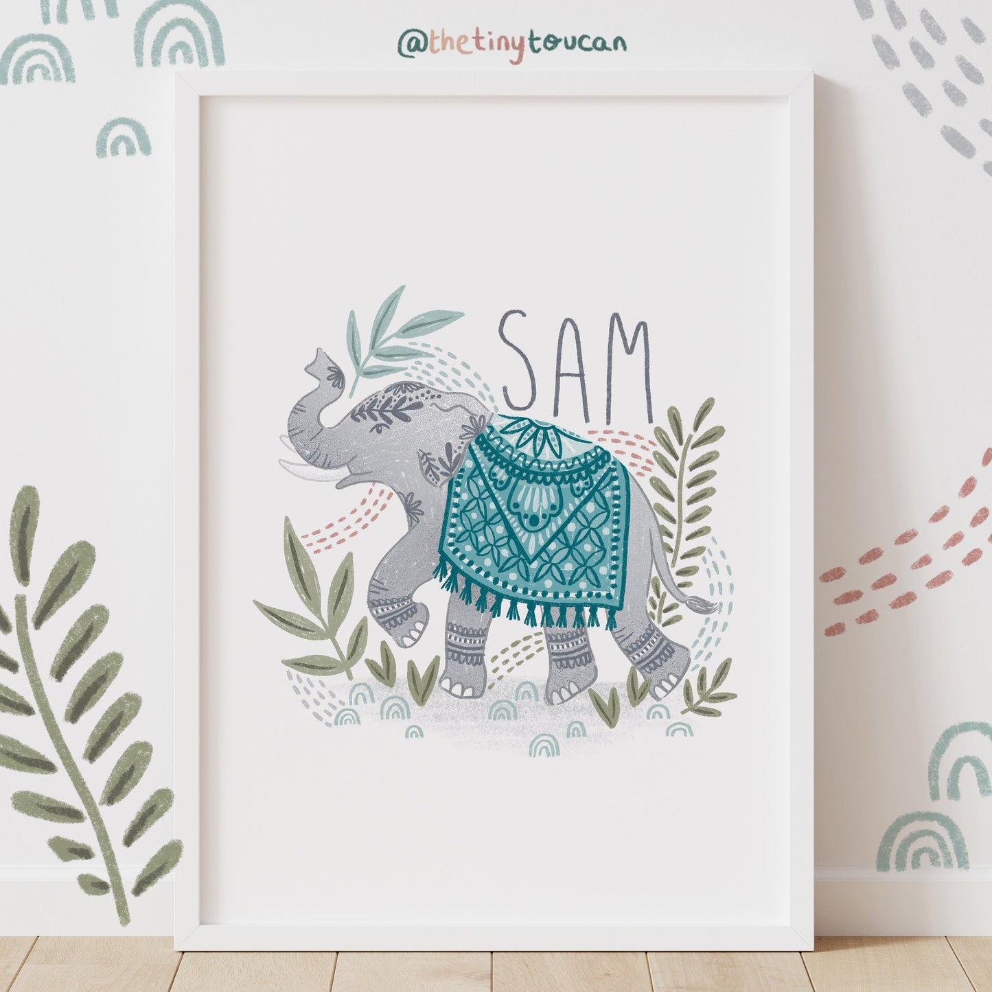 ELEPHANT ART A4/A3 PRINT- Customisable- Nursery Elephant Name Print- Kids bedroom- Scandi Decor- Boho Art