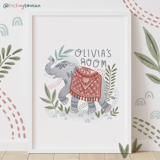 ELEPHANT ART A4/A3 PRINT- Customisable- Nursery Elephant Name Print- Kids bedroom- Scandi Decor- Boho Art