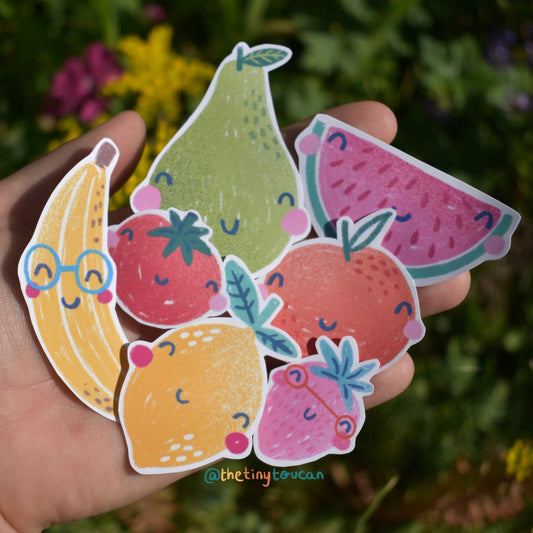 Happy Fruits Sticker Pack!  (7 happy fruit stickers, tech stickers, laptop sticker, cute)