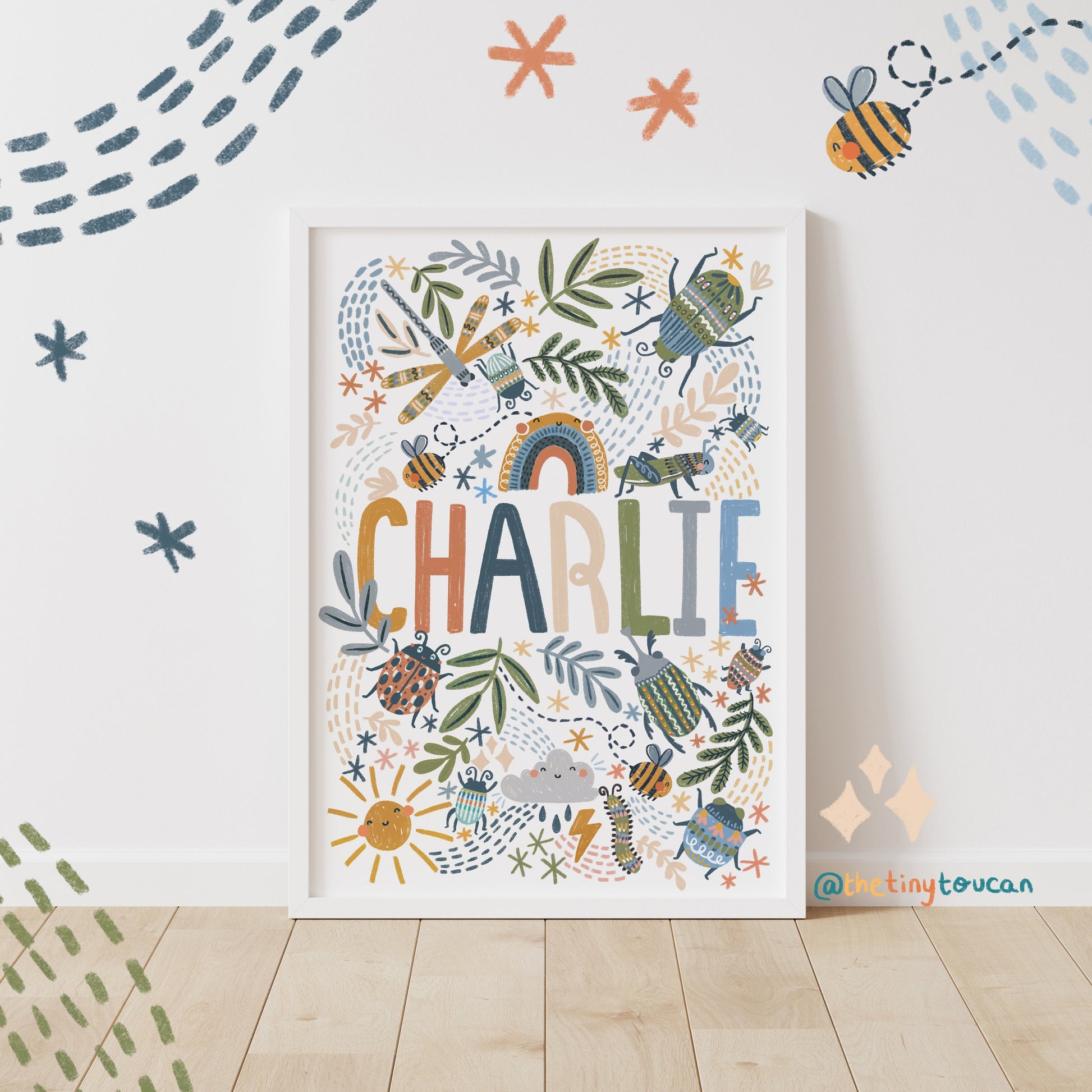 BUGS NAME A4-A3 PRINT- Beetle Name Art- Nursery Wall Art- Cool Name Art- Kids Bedroom Name Art