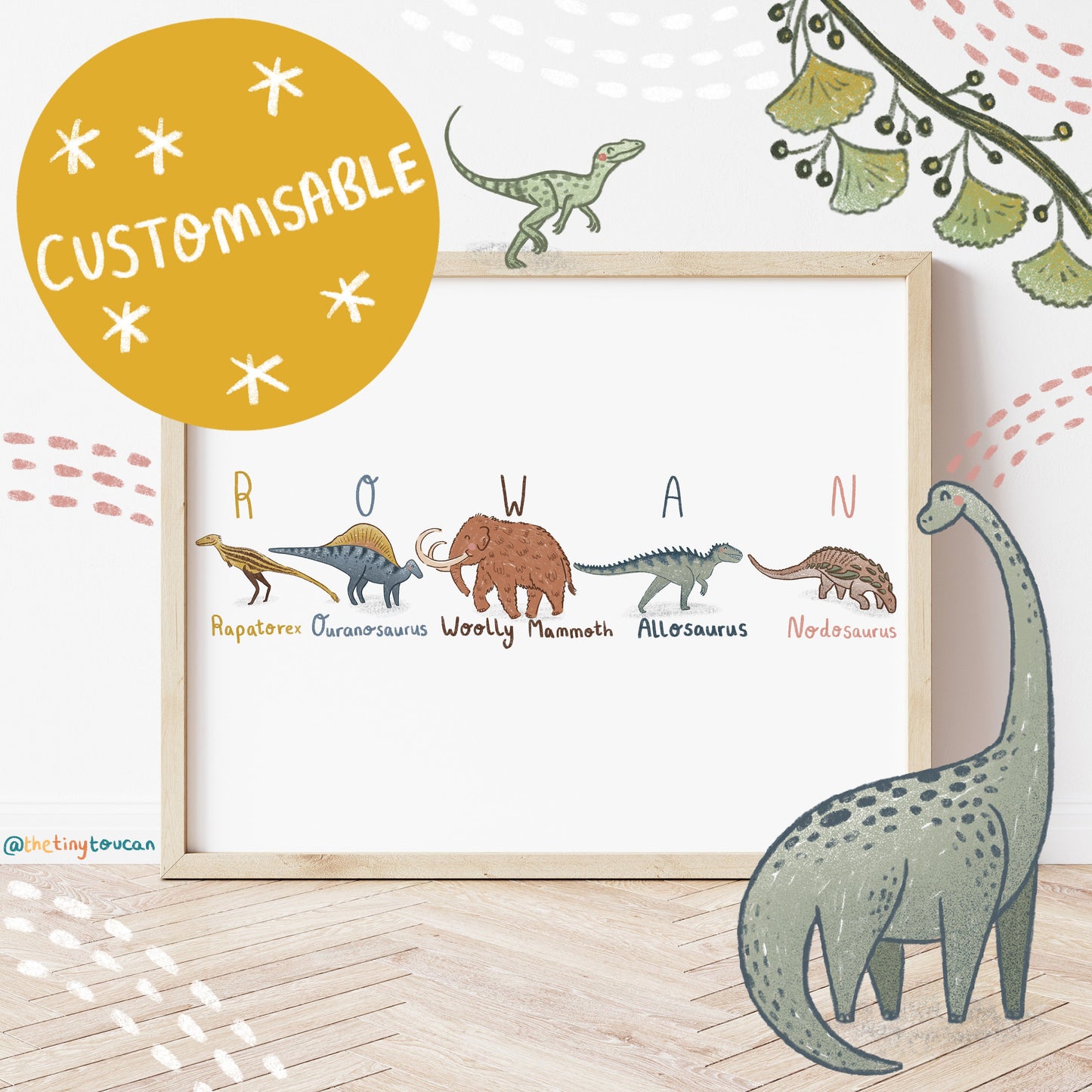 DINOSAUR NAME PRINT A4/A3 - Prehistoric theme name print- Kids Name Art- Nursery Wall Art-  Nursery Custom Name Print