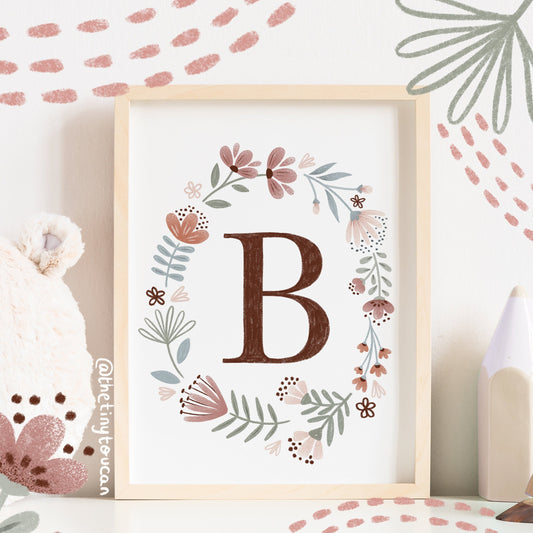 PERSONALISED INITIAL PRINT A4/A3- Wild Flower Initial print- Scandi Pattern- Nursery Wall Art- Nursery Decor- Custom Kids Print- Gift Idea