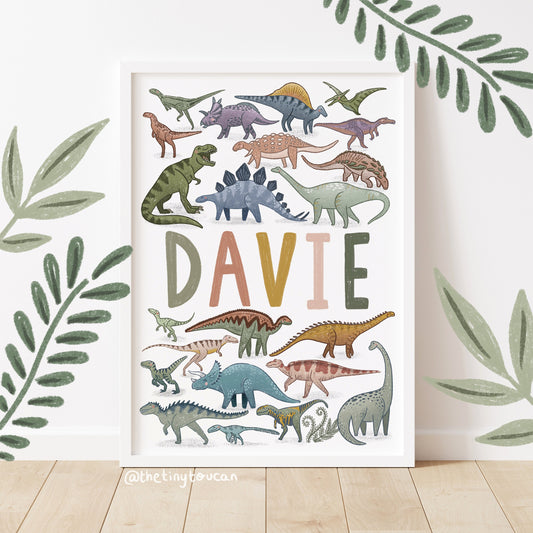 CUSTOM DINOSAUR NAME Print A4/A3 - Dino Art- Adventure- Nursery Wall Art- Cool Name Art- Kids Bedroom Name Art
