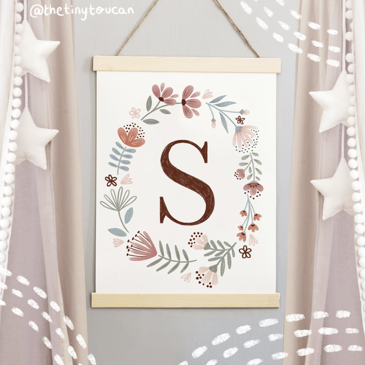 PERSONALISED INITIAL PRINT A4/A3- Wild Flower Initial print- Scandi Pattern- Nursery Wall Art- Nursery Decor- Custom Kids Print- Gift Idea