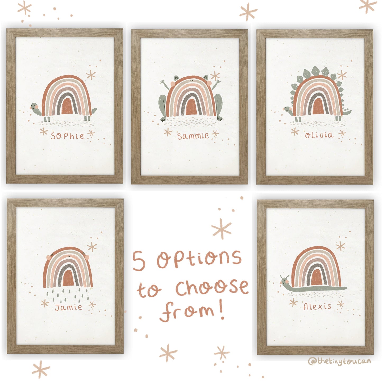 Rainbow Creatures Print. 5 animal options to choose from. Scandi Boho Kids Wall Art