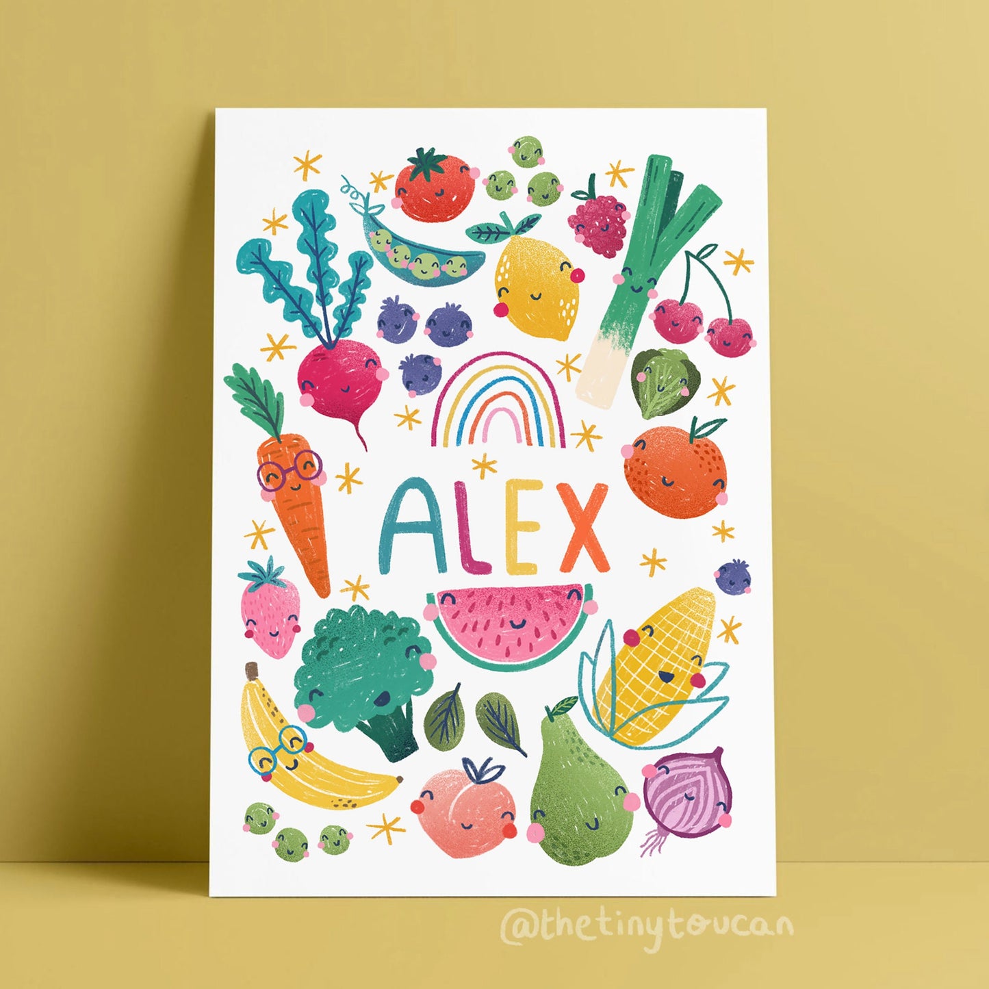 FRUIT AND VEG Custom Name Print- Nursery Wall Art- Cool Name Art- Kids Bedroom Name Art- Vegan Art