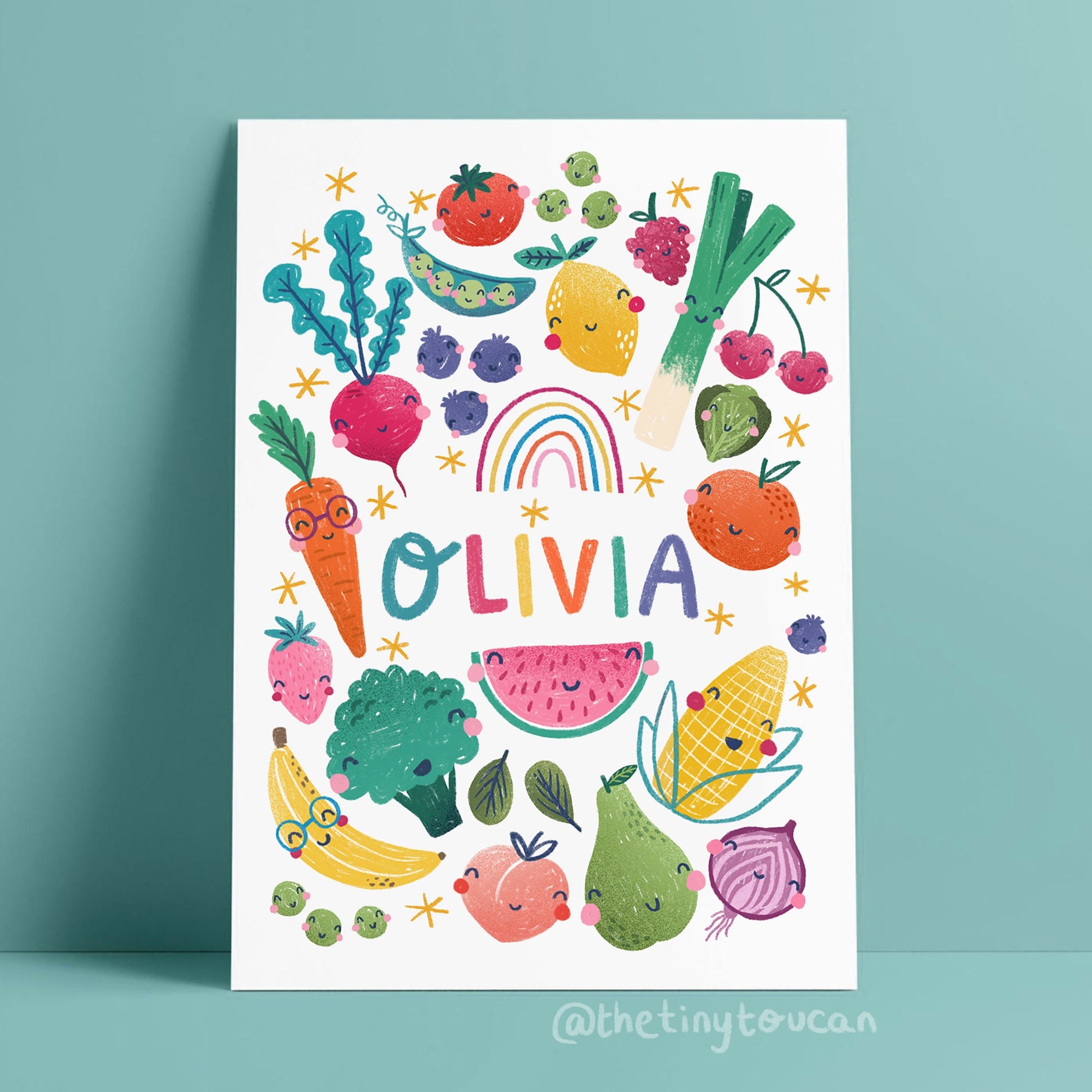 FRUIT AND VEG Custom Name Print- Nursery Wall Art- Cool Name Art- Kids Bedroom Name Art- Vegan Art