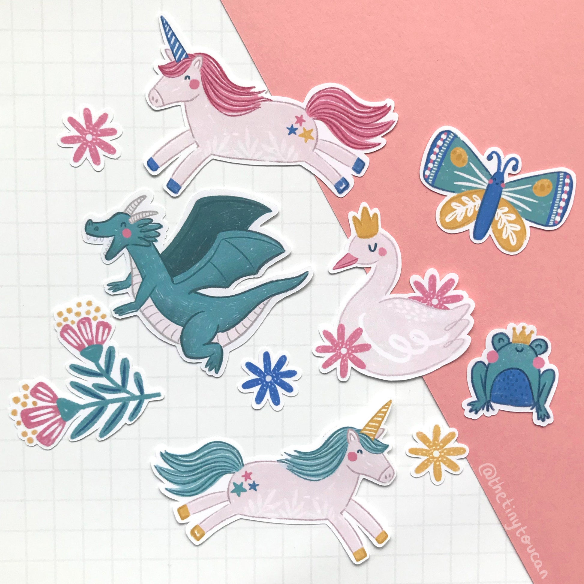 Magical Friends Sticker Pack!  (Unicorn, Princess, Frog, Flowers, Dragon, Swan sticker pack, tech stickers, laptop sticker, cute)