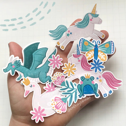 Magical Friends Sticker Pack!  (Unicorn, Princess, Frog, Flowers, Dragon, Swan sticker pack, tech stickers, laptop sticker, cute)
