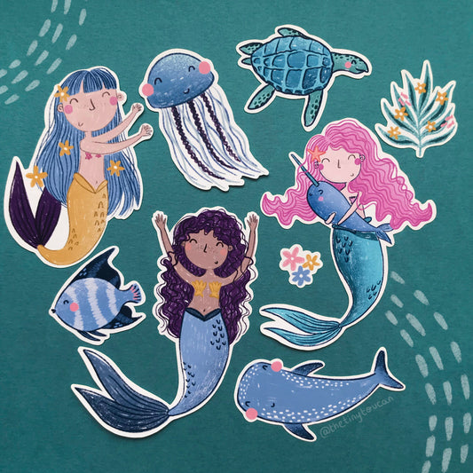 Ocean Friends Sticker Pack!  (3 Mermaids, jellyfish, turtle, fish, whale tech stickers, laptop sticker, cute) Waterproof