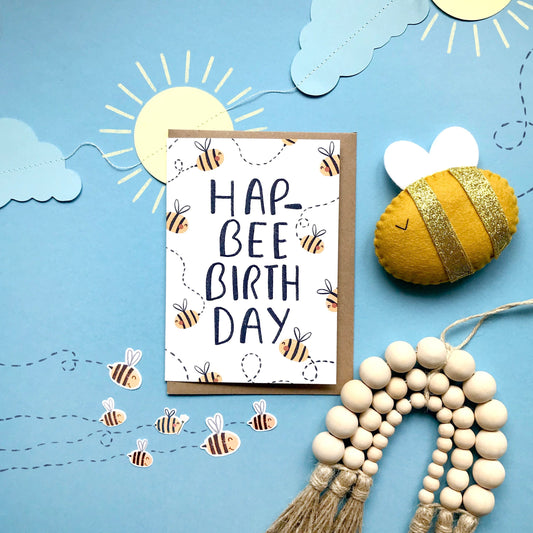 HAP-BEE BIRTHDAY Card- Bumble Bee Card- A6 Happy Birthday Card, Matte thick recycled card- Blank Inside