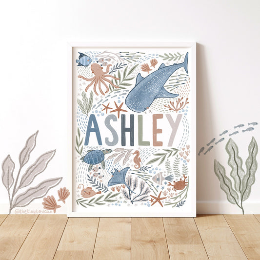 CUSTOM NAME PRINT- Under The Sea- Nursery Decor- Customisable- Ocean Theme Decor- Gender Neutral- Plastic Free