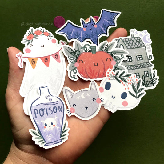 Cute Halloween Sticker Pack! 7 Spooky Stickers- Water Resistant- Pumpkin- Bat- Ghost- Haunted House- Skull- Pretty Kawaii Halloween