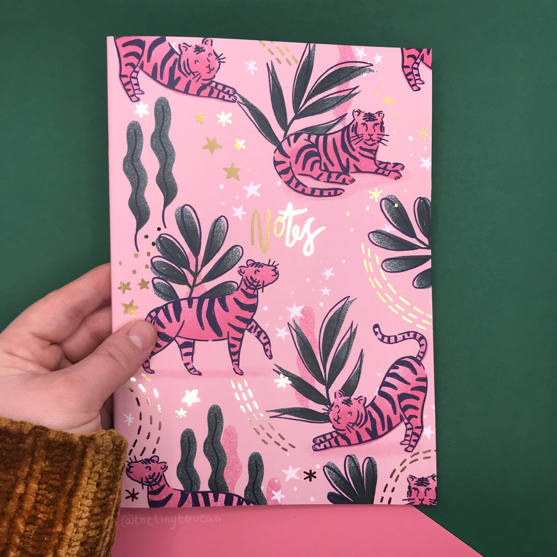 A5 PINK TIGER NOTEBOOK, 48 lined pages, gold foil, made in the U.K, Tiger Print, Christmas Stocking Filler, Christmas Gift, Sustainable