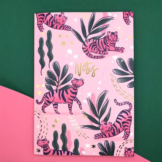 A5 PINK TIGER NOTEBOOK, 48 lined pages, gold foil, made in the U.K, Tiger Print, Christmas Stocking Filler, Christmas Gift, Sustainable