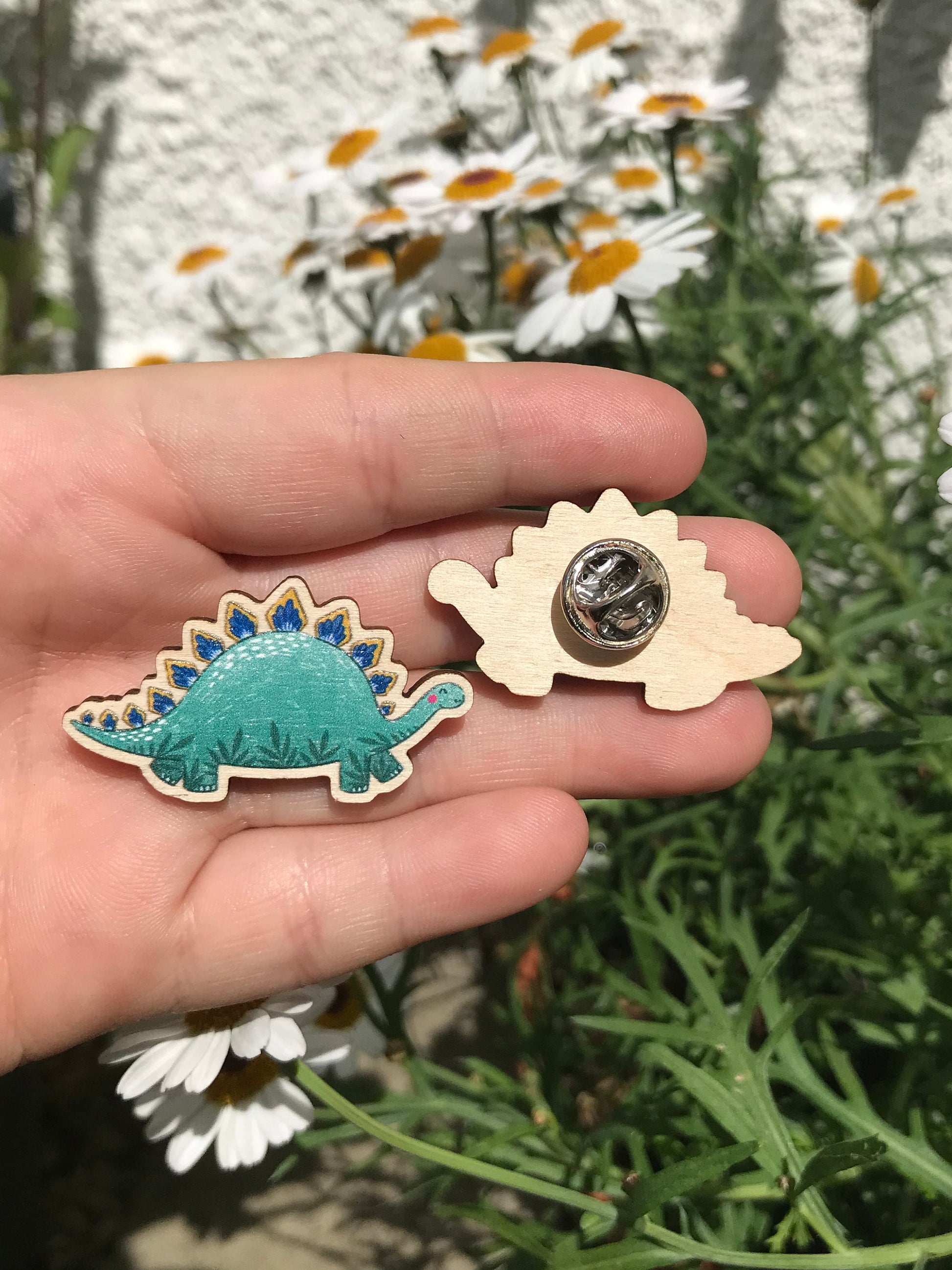 Stegosaurus Stevie Pin- Wooden Pin- Sustainable European Birch- Kawaii Pin- Dinosaur Pin- Dino Art- Free Sticker