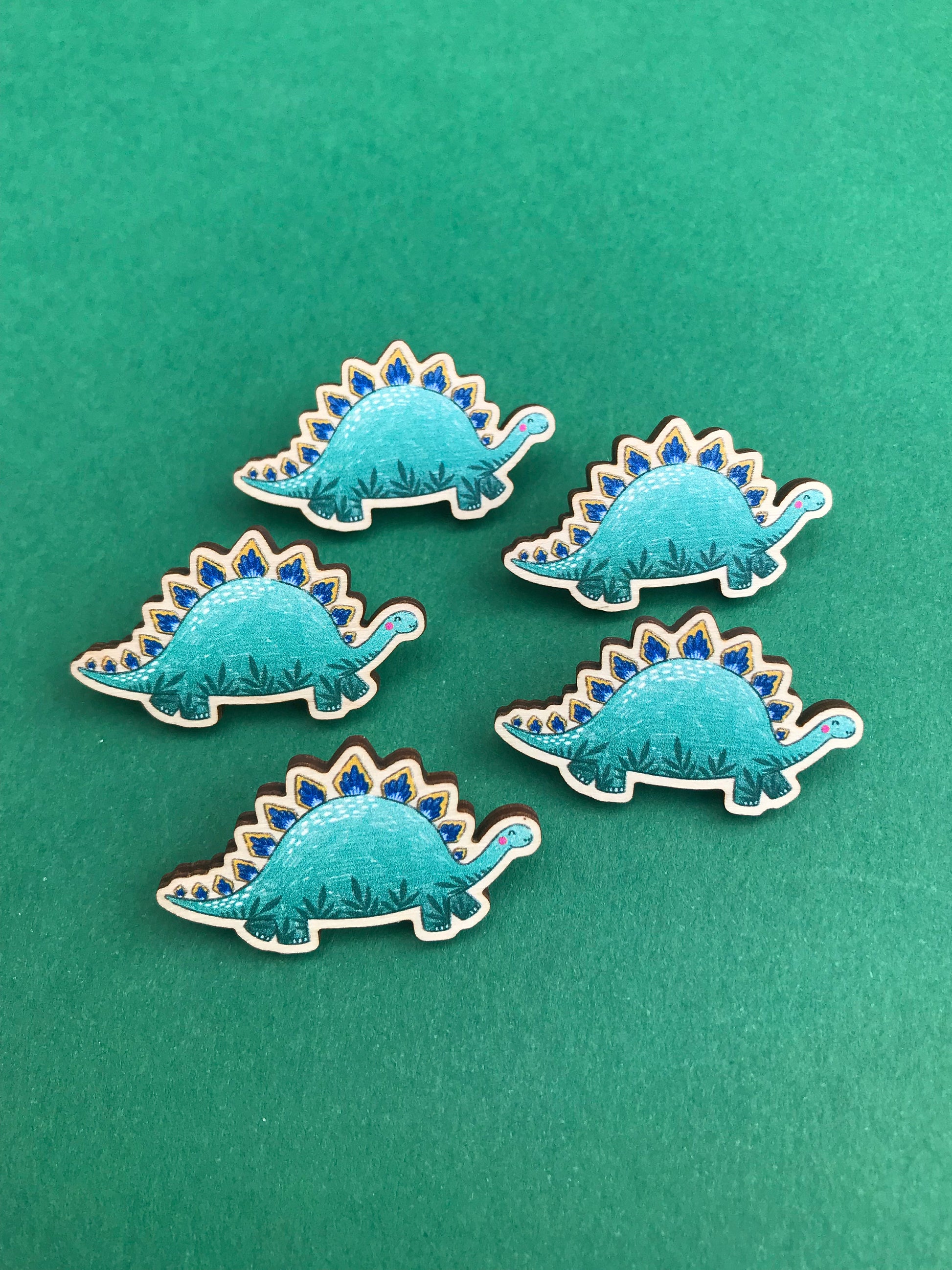 Stegosaurus Stevie Pin- Wooden Pin- Sustainable European Birch- Kawaii Pin- Dinosaur Pin- Dino Art- Free Sticker