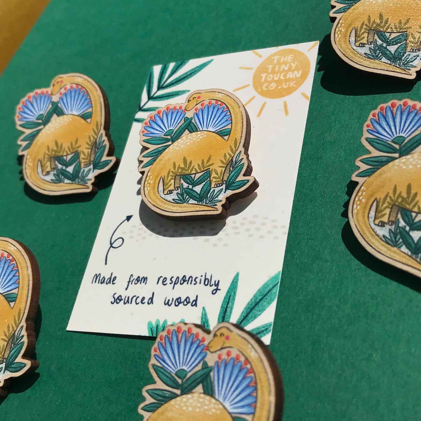 Diplodocus Danny Pin- Wooden Pin- Sustainable European Birch- Kawaii Pin- Dinosaur Pin- Dino Art- Free Sticker
