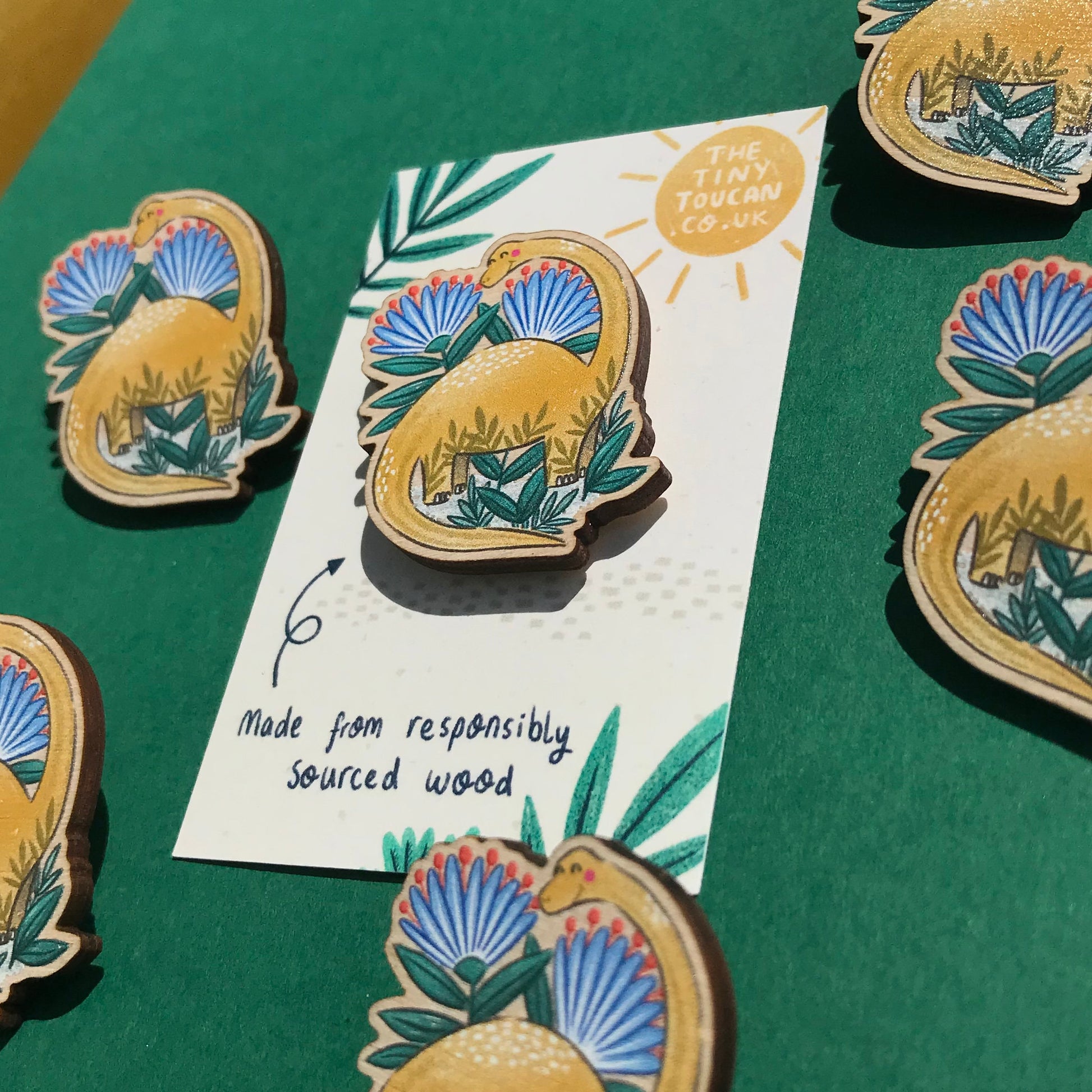 Diplodocus Danny Pin- Wooden Pin- Sustainable European Birch- Kawaii Pin- Dinosaur Pin- Dino Art- Free Sticker