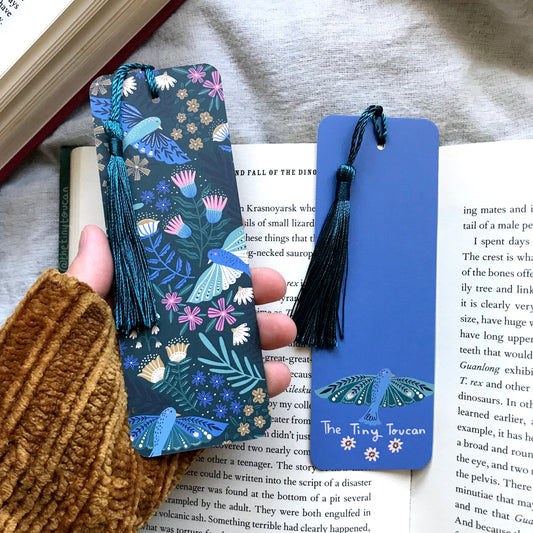 Birds bookmark. Folk Decorated Bird and Flora illustration- With or without tassel- Book worm gift- Book lover-  Pretty Stationery