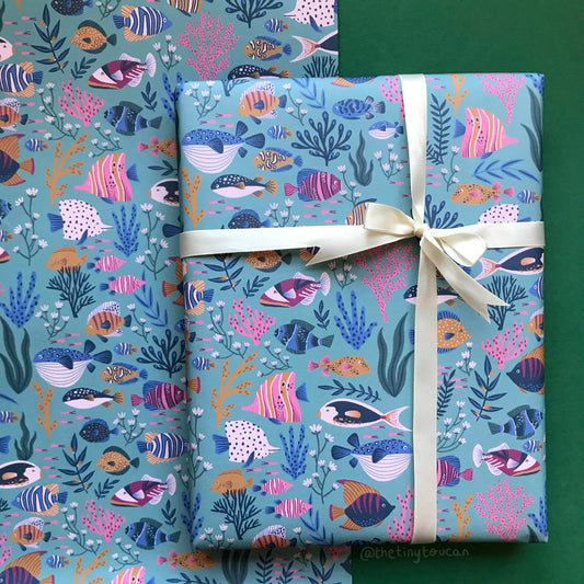 Fishies Wrap- (A2+ Folded Sheet) Tropical Fish illustrated wrapping paper- Pretty Stationery- Gift Wrap- Fish gift- sustainable stationery