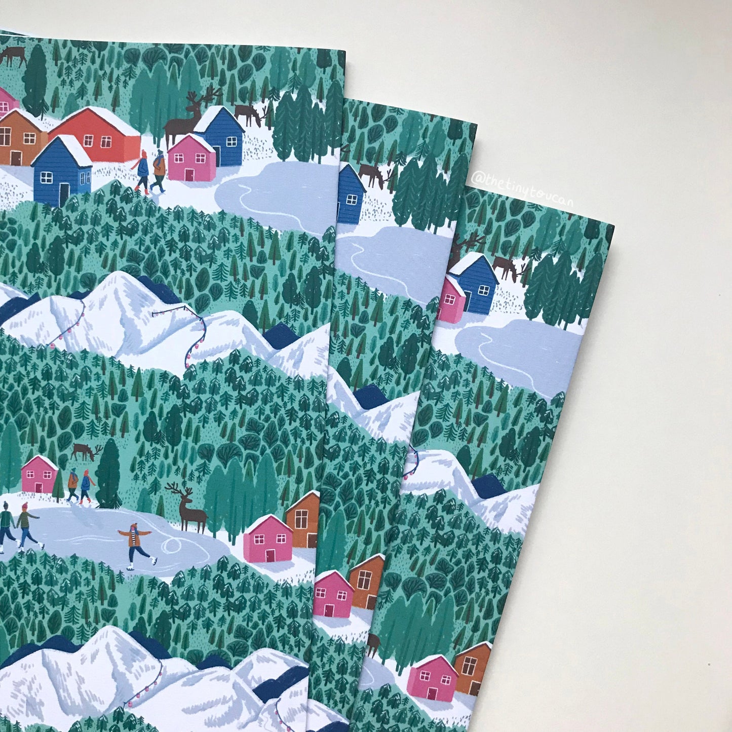 Magical Winter Christmas Gift Wrap- (A2+ Folded Sheet) Mountains illustrated wrapping paper- Dog Lovers-  Ice Skaters- Wrapping Paper