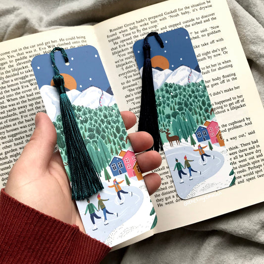 Snowy mountain bookmark. Ice Skaters illustration- Ski- Winter- Cosy- With or without tassel- Christmas bookmark- Book lover- Stationery