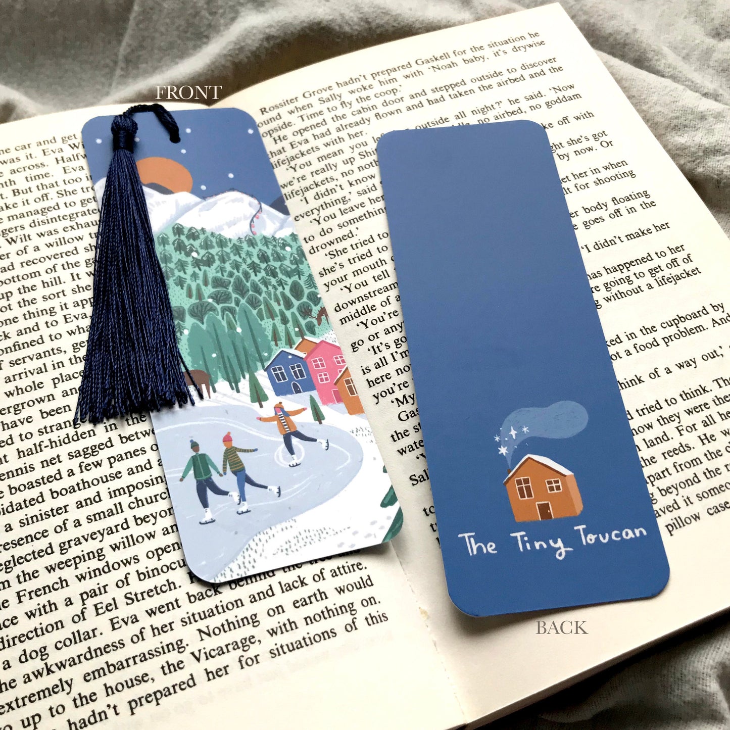 Snowy mountain bookmark. Ice Skaters illustration- Ski- Winter- Cosy- With or without tassel- Christmas bookmark- Book lover- Stationery