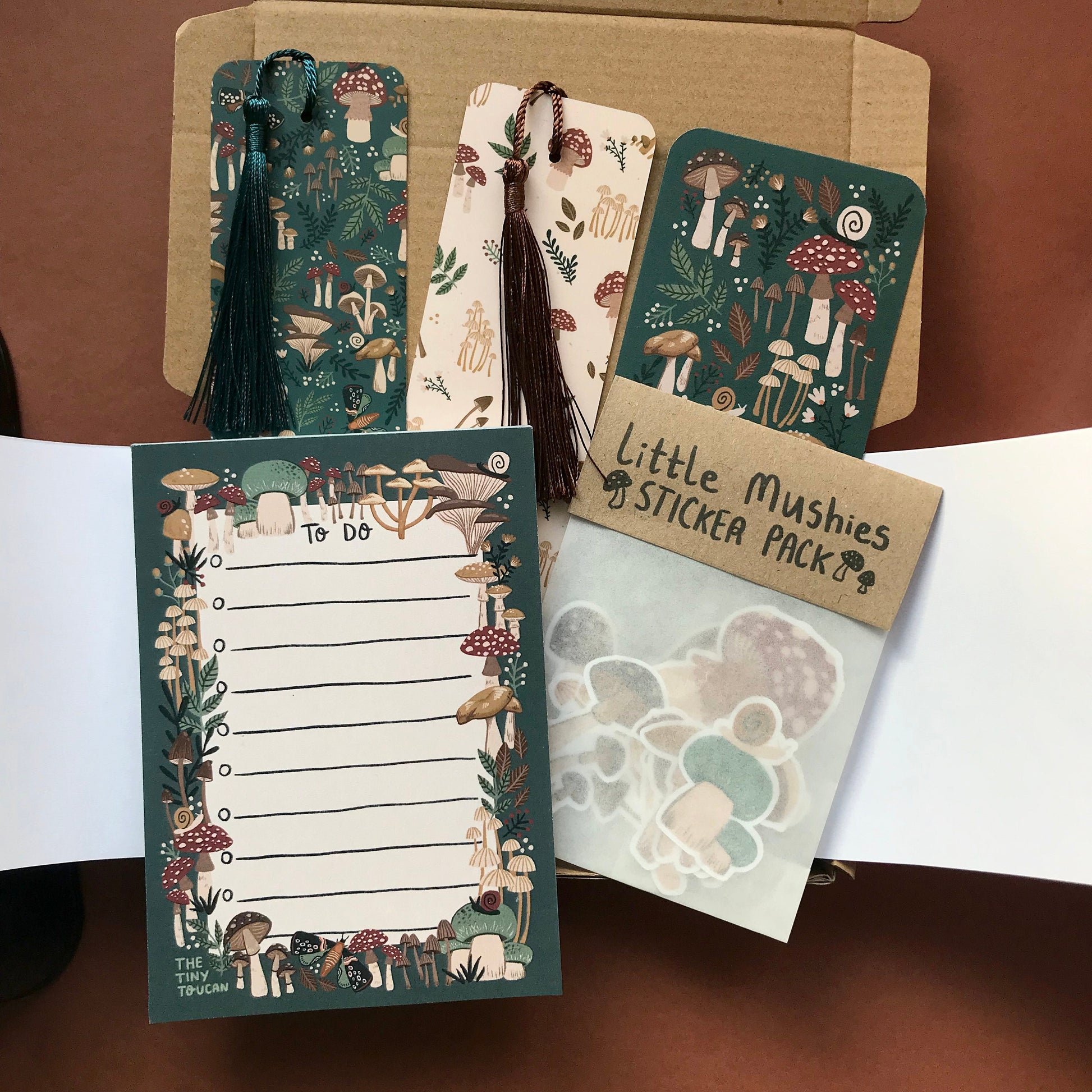 Little Mushies Gift Box-  Illustrated mushroom stationery gift box- Fungi- Notepad- Stickers- bookmark- book lover- Cottagecore